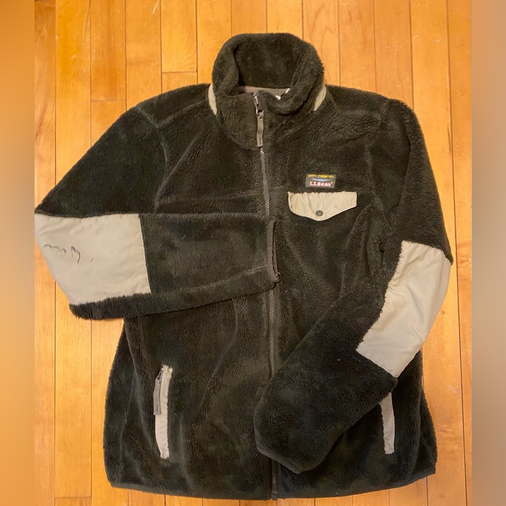 LL Bean Hi-Pile fleece jacket. Womens  medium, forest green w/olive patches.